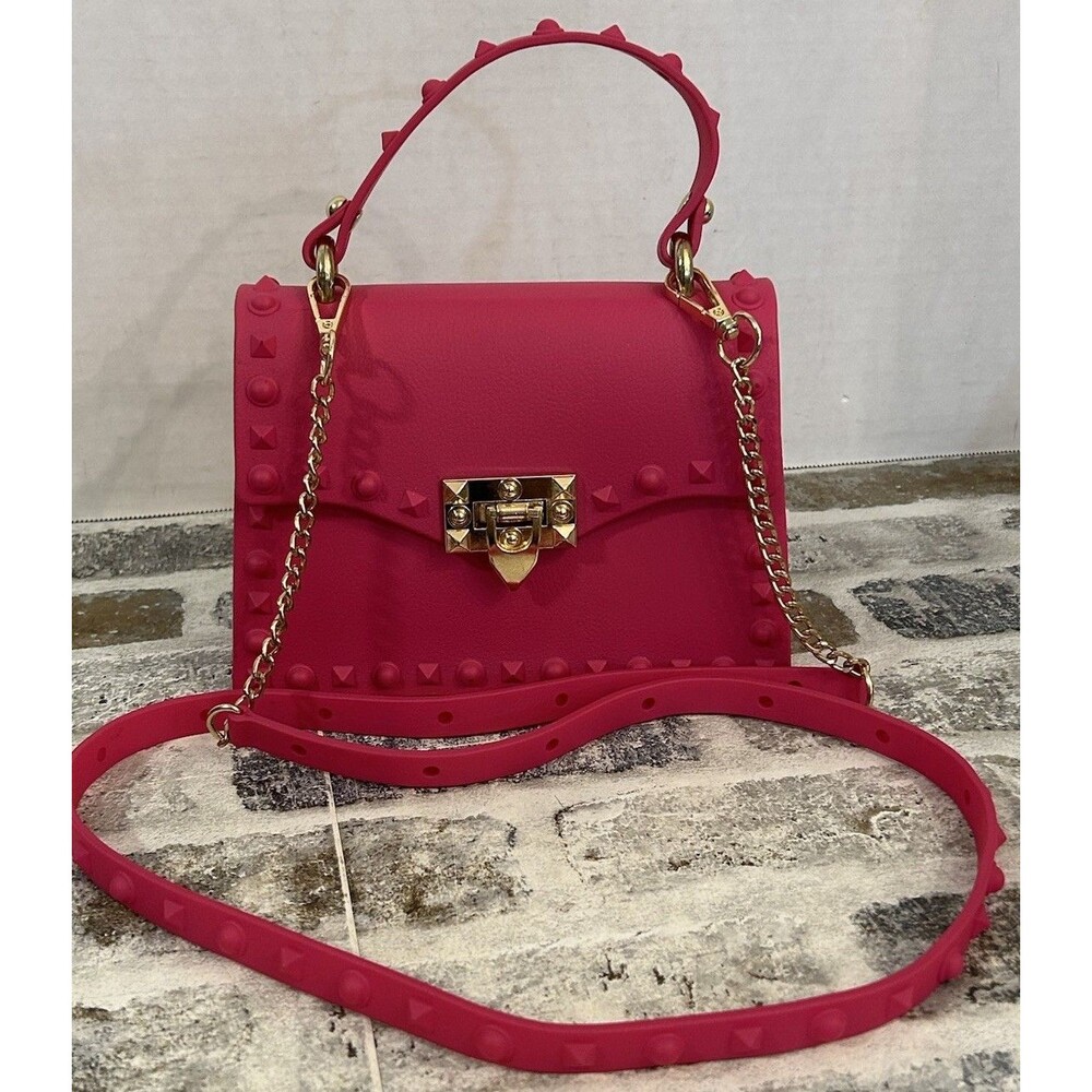 Hot Pink Studded Jelly Purse Handle & Removable Crossbody Strap Gold Hardware